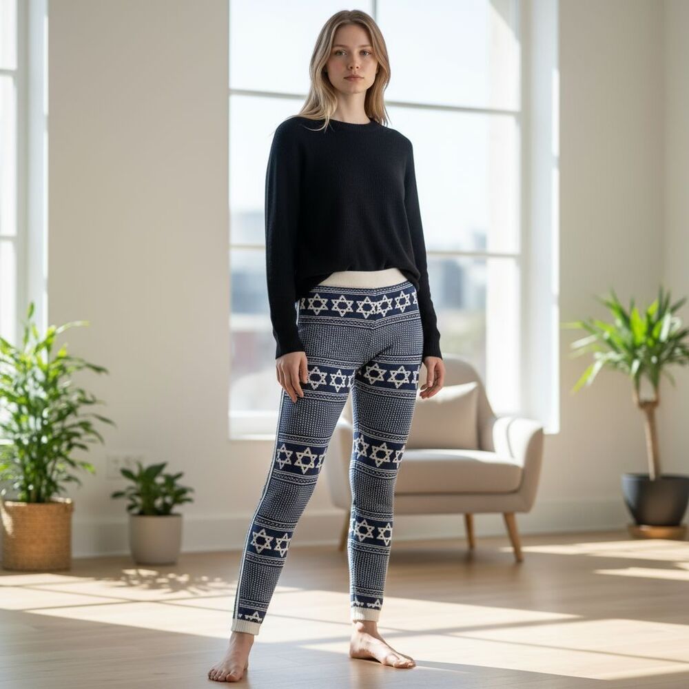 Knitty Kitty Knitmates-Star of David-Hanukkah-Terry Knit Leggings-Blue/White-M